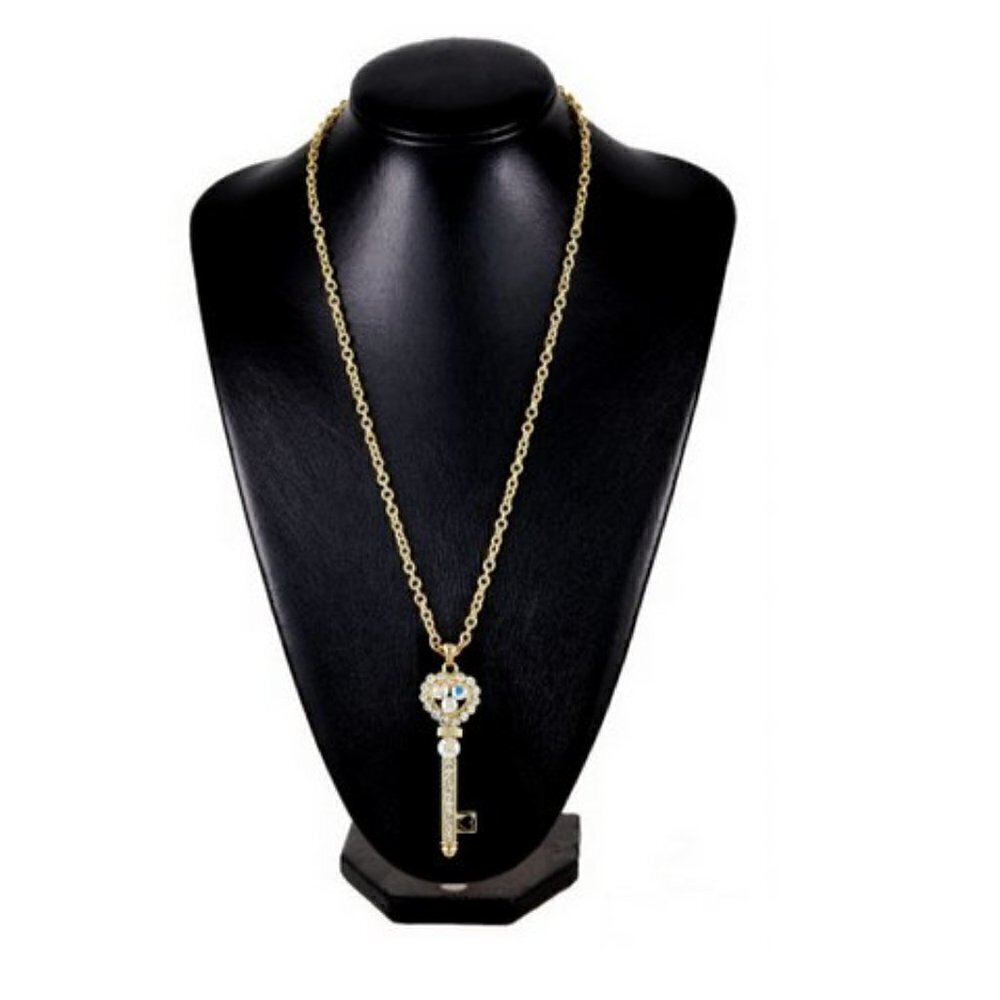 3" Chunky Gold Tone Aurora Borealis Ab Crystal Heart Love Key Necklace Triple Pl